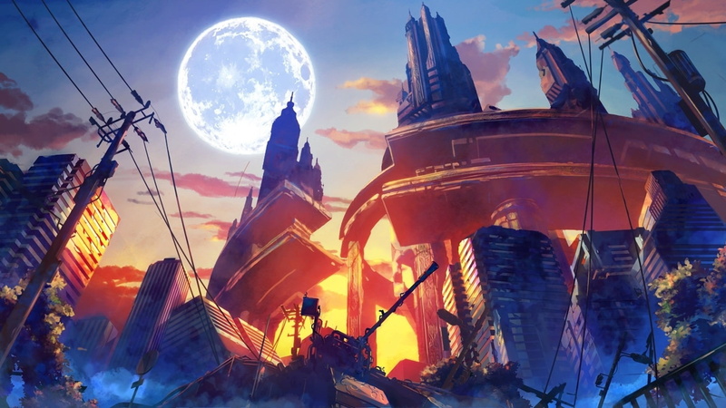sunset, dusk, beauty in nature, city, anime, no people, history, outdoors, cloud - sky, fantasy art, sky, built structure, buildings, rise, sunlight, building exterior