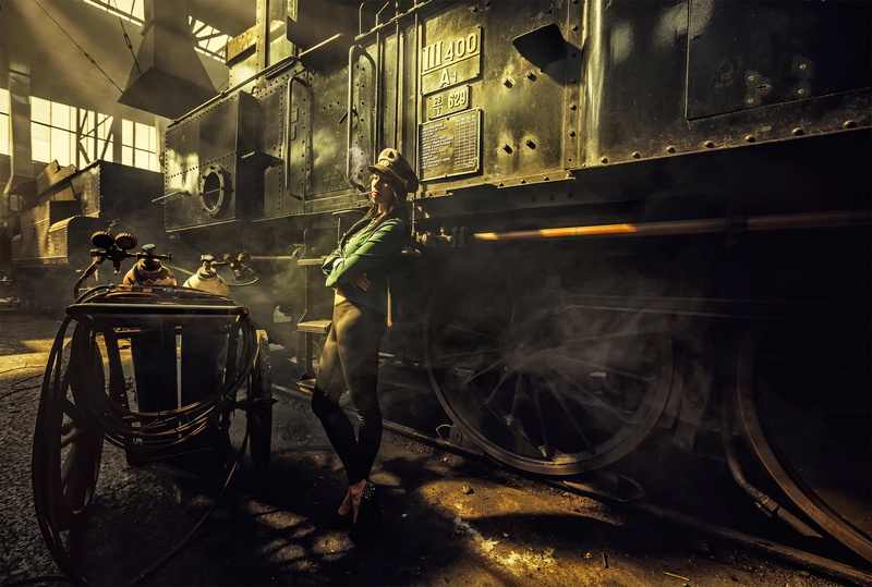 Workshop, brown, mode of transportation, smoke - physical structure, smokes, the engine, Steampunk, dangerous, trolley, depot, 1080P, standing, land vehicle