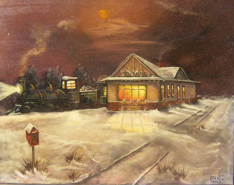 train painting, dodge city marshal, depot, cimarron, cimarron kansas, 1080P, santa fe depot, allen d bailey, steam engine