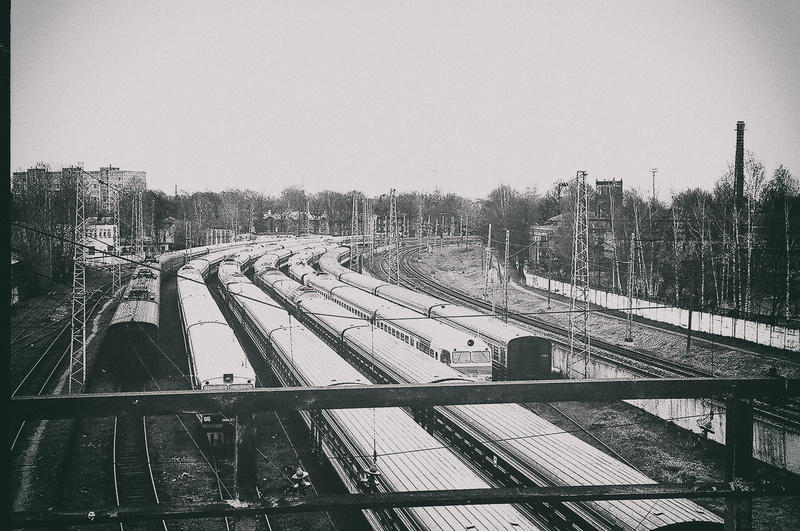 railroad Track, track, no people, outdoors, train depot, black and White, train - vehicle, railroad station platform, day, tree, depot, mode of transportation
