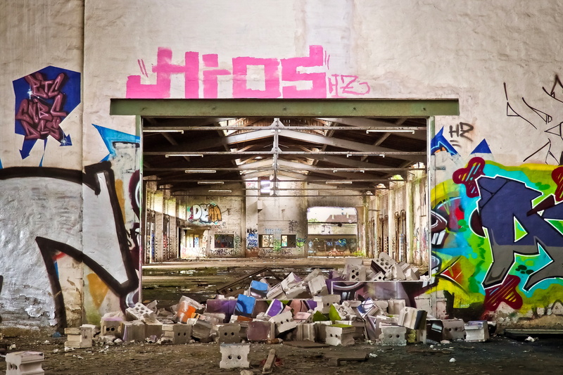 transience, built structure, text, old factory, masonry, past, railway depot, day, garbage, broken, old building, architecture, multi colored, stainless
