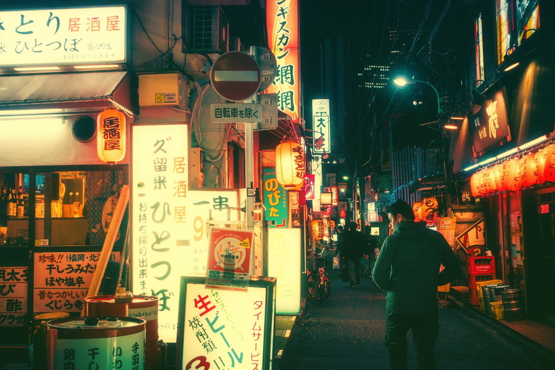 advertisement, men, rear view, city life, built structure, jacket, script, city street, hooded, city, illuminated, s, walking, Japan, communication, commercial sign