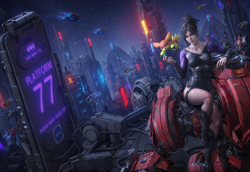concept art, futuristic, Tek Tan, original characters, artwork, drawing, 5K, fantasy art, building, robot, women, digital art, cyberpunk, illustration
