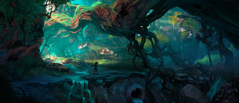 Post Apocalyptic, fantasy, trees, figure, science fiction, urban, artwork, 1080P, Darksiders 3, futuristic, ruins, sci-fi, digital art, cars, fantasy art