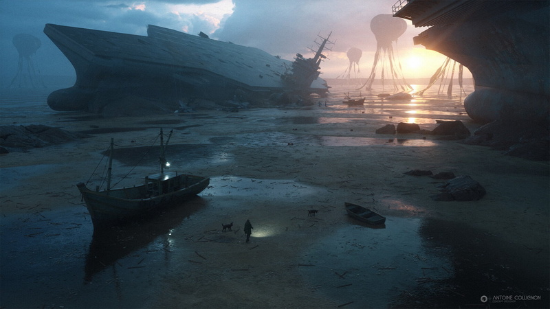 artwork, environment, fantasy art, spaceship, postapokalypse, digital, 1080P, aliens, sun rays, dark, landscape, dusk, concept art, science fiction, silhouette
