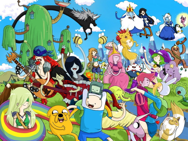 sky, arts culture and entertainment, Jake The Dog, Finn The Human, multi colored, Marceline, representation, communication, Adventure Time, artwork, vertebrate