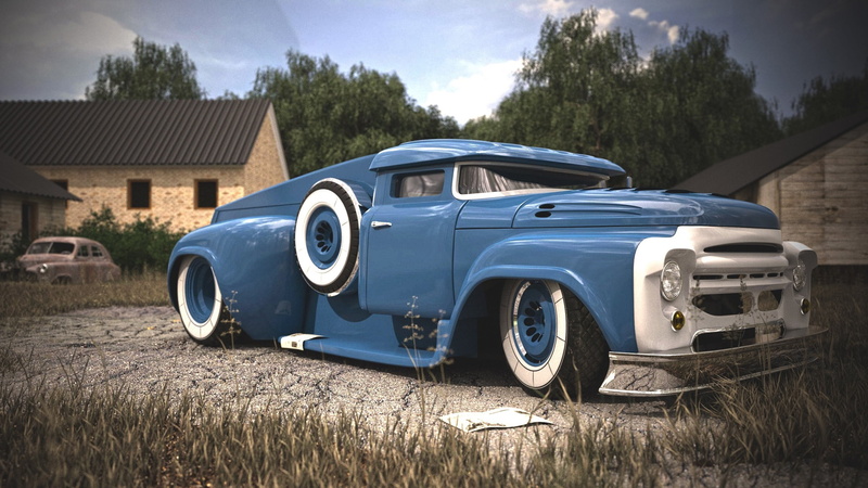land Vehicle, mode of transportation, built structure, field, tree, ford, Tuning, blue, retro Styled, outdoors, 2K, cloud - sky, vintage, old-fashioned