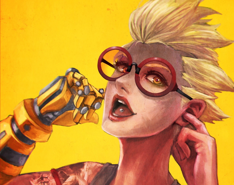 headphones, hand, Overwatch, girl, fan art, 1080P, casual, glasses, Junkrat, prosthesis, smile