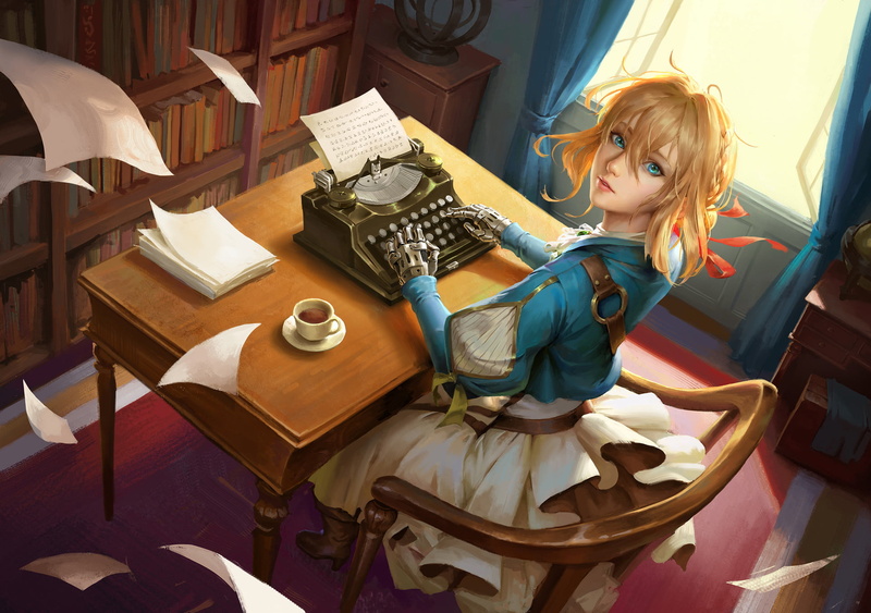 women, coffee, paper, blue clothing, wind, typewriters, table, blonde, drawing, prosthesis, cup, writing, blue eyes, dress, messy hair, looking at viewer