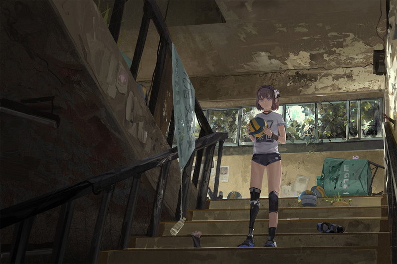 short hair, prosthesis, anime girls, brunette, stairs, anime, spider webs, blue eyes, 1080P, ruins, trash, broken glass, flower in hair, balls, wristband