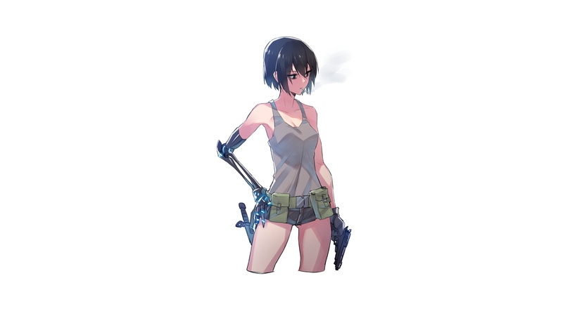 pistol, prosthesis, short hair, Supernew, gun, black hair, shorts, 2K, original characters
