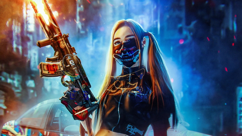 Assault Rifle, Long Hair, Weapon, 4K, Cyberpunk, Twintails, Sci Fi, Anarchy, Girl