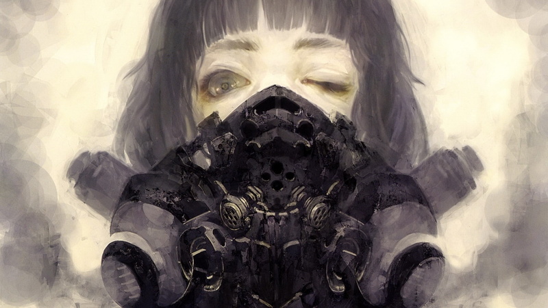 gas, wink, hd, 1080P, gray eyes, faces, cyberpunk, masks, short, realistic, original, scans, short hair, people, anime, black, gas masks, art, eyes, gray