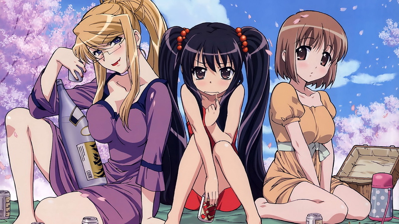 anime girls, brunette, looking at viewer, blonde, long hair, blue eyes, glasses, short hair, Shakugan no Shana, 1080P, anime, smiling