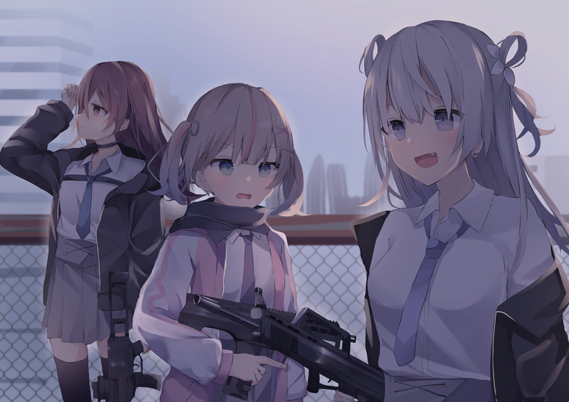 long hair, school uniform, tie, weapon, 4K, blue eyes, digital art, city, portrait, scarf, jacket, skirt, pink hair, brunette, pink eyes, short hair, anime