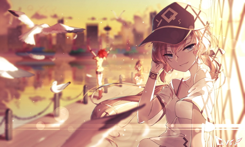 1080P, Blonde, Anime, Girl, Long Hair, Short Hair, Blue Eyes, Pixiv Fantasia T, Ponytail, Bird, Cap, Smile, Red Hair