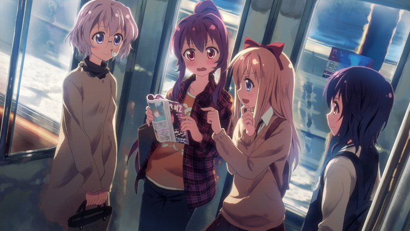 funami, blush, eyes, blue, yellow, yui, short, long, yuru, group, 2K, glasses, blonde, yuri, hair, pink, red, nosebleed, bow, ponytail
