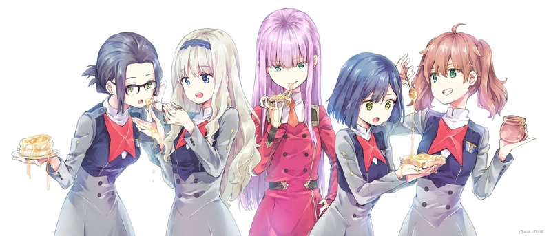 celebration, Food, Uniform, Blue Eyes, Pink Hair, cut out, Anime, Darling in the FranXX, costume, Twintails, Ikuno (Darling in the FranxXX), indoors, studio shot