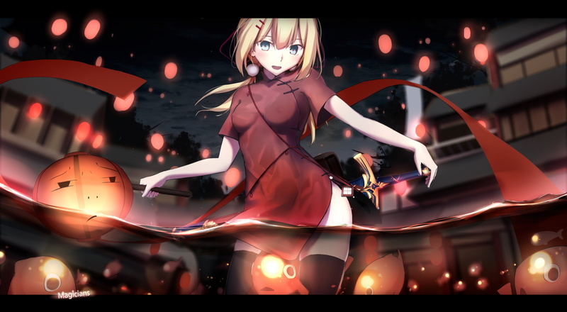 Blue Eyes, 1080P, Blonde, Sword, Fate (Series), Thigh Highs, Weapon, Chinese Dress, Fate/Stay Night, Night, Lantern, Fate Series, Anime, Saber (Fate Series)