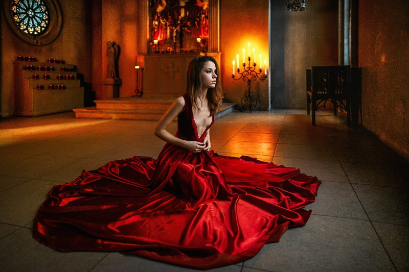 looking away, silk, kneeling, cleavage, on floor, women, red dress, brunette, warm light, dress, 720P, Ksenia Kokoreva, long hair, candles