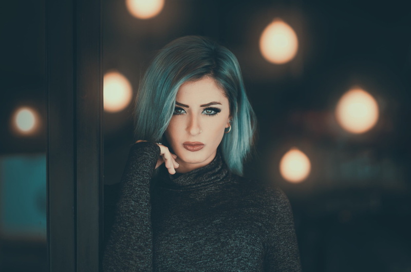 women, hairstyle, focus on foreground, portrait, looking at camera, light, night, lifestyles, beautiful woman, face, one person, real people, dyed hair