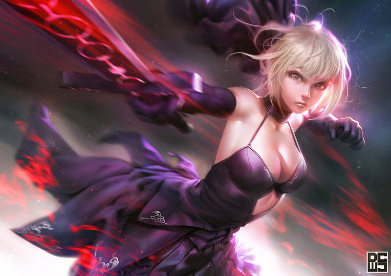 Derrick Chew, glowing, weapon, sword, women, Arturia Pendragon, motion blur, black clothing, blonde, fighting, 720P, red, dress, Saber Alter, drawing