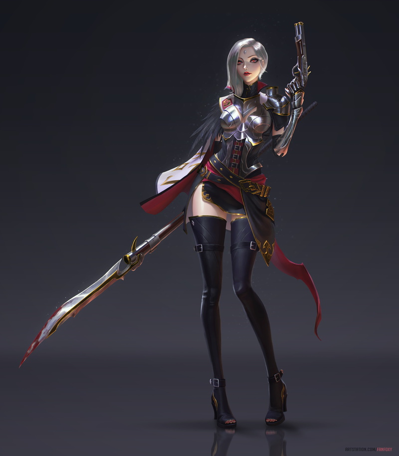 drawing, weapon, black clothing, 4K, women, original characters, thigh-highs, armor, red eyes, short hair, silver hair, Fanfoxy, gun, blades, reflection