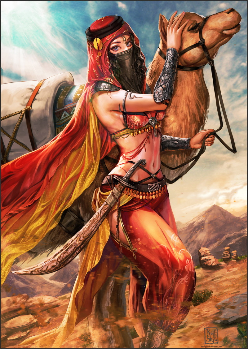 persian, sword, hoods, drawing, blue eyes, Ken Shjn Park, cape, red clothing, desert, camels, dress, weapon, women, scimitar, sun rays, 720P, bracelets