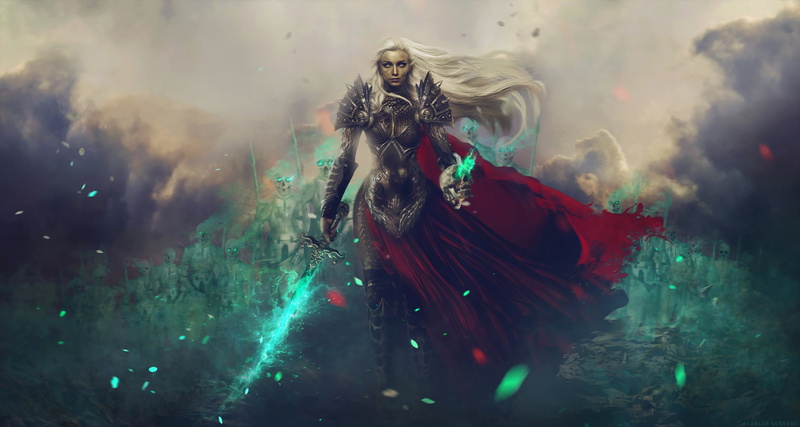 warrior, red clothing, 1080P, undead, drawing, silver hair, skull, green, long hair, clouds, Carlos Quevedo, glowing, wind, straight hair, cape, Enchantress