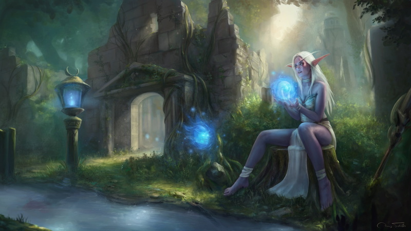 Wisp, straight hair, spell, Night Elves, Jorsch, women, glowing, Warcraft, dress, white clothing, roots, ruins, magician, drawing, silver hair, 1080P
