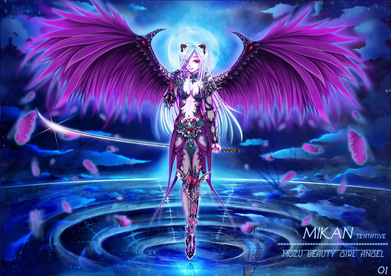 720P, original, horns, clouds, armor, moon, night, weapon, sky, feathers, eyes, water, sword, red, wings, wait, white, hair