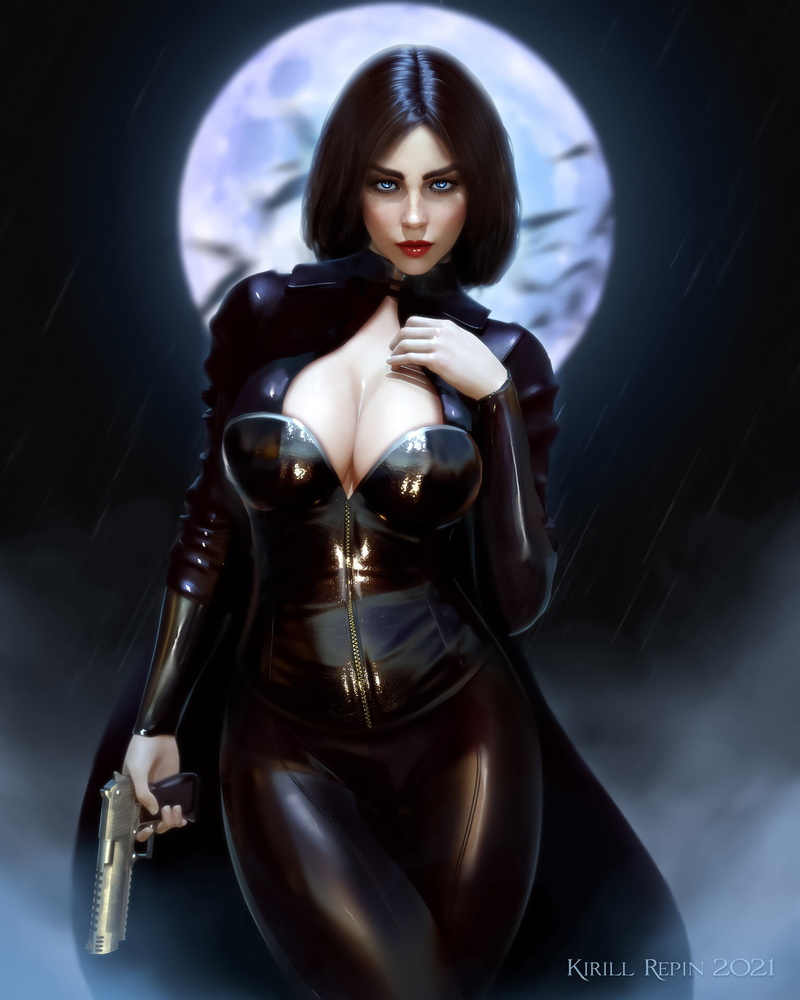 1080P, blue eyes, black clothing, Kirill Repin, Selene (Underworld), women, looking at viewer, rain, drawing, pistol, red lipstick, gun, Underworld, weapon