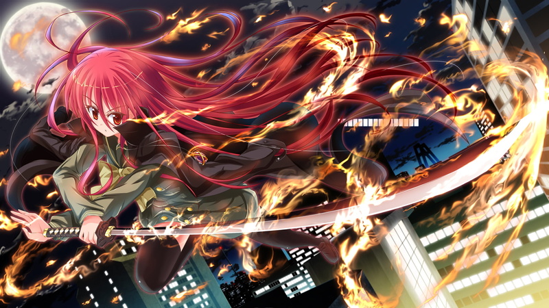 fire, seifuku, long, necklace, clouds, shana, moon, thighhighs, sword, night, saikikazuya, eyes, katana, hair, 720P, shakugan, weapon, red, sky