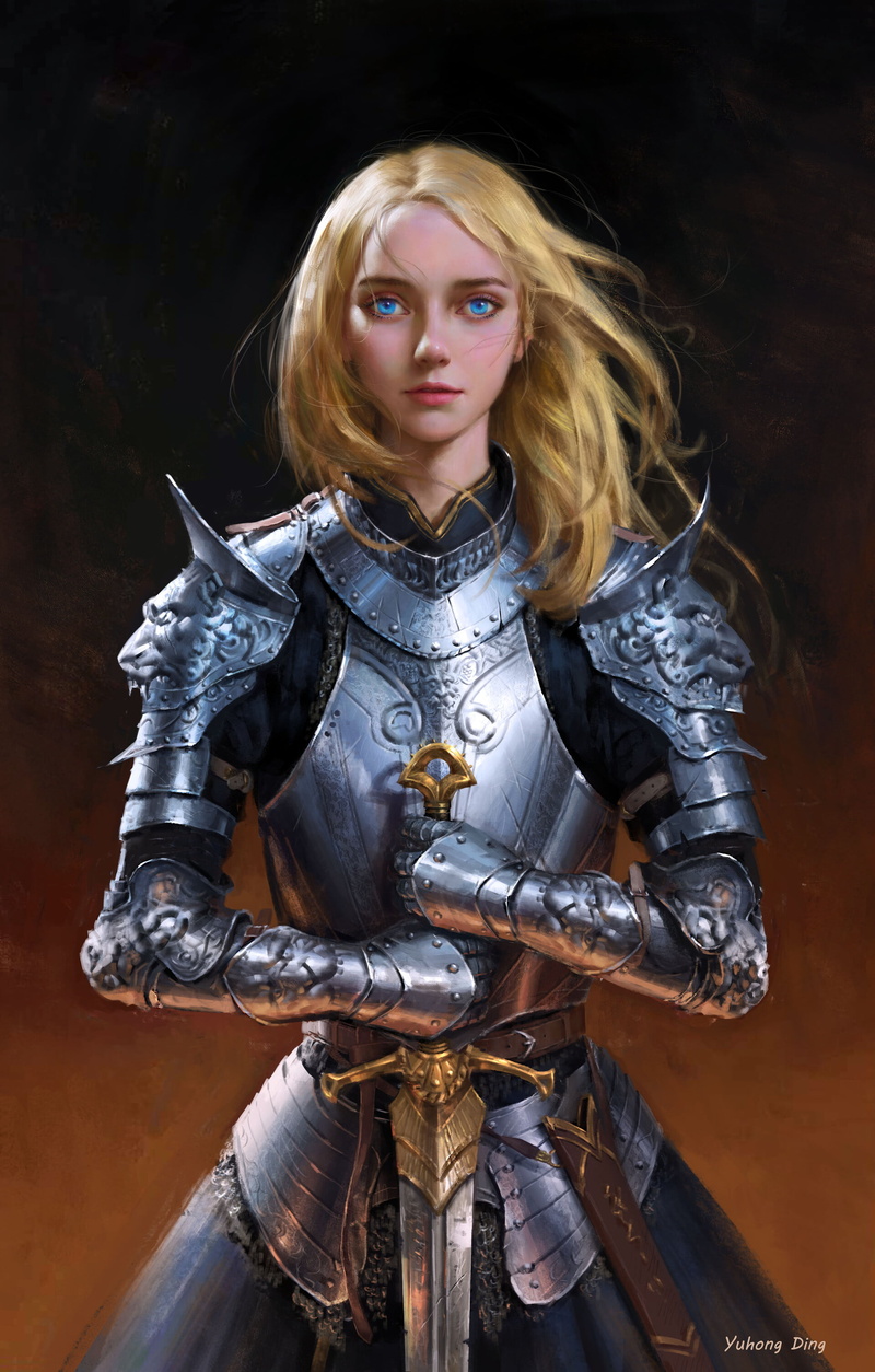 blue eyes, armor, women, knight, fantasy art, fantasy girl, warrior, sword, blonde, long hair, artwork, 2K