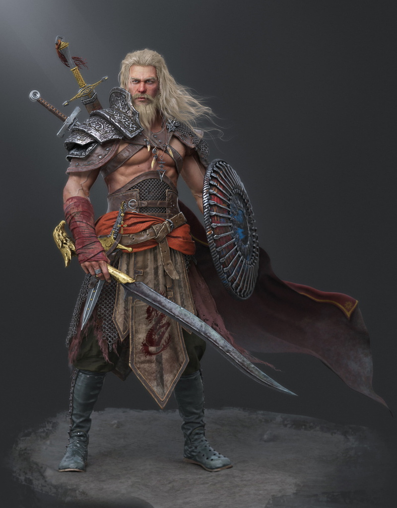 CGI, belt, weapon, beard, wind, Barbarian, shield, armor, boots, long hair, sword, warrior, 1080P, straps, cape, blades, rings, blonde, skirt, men