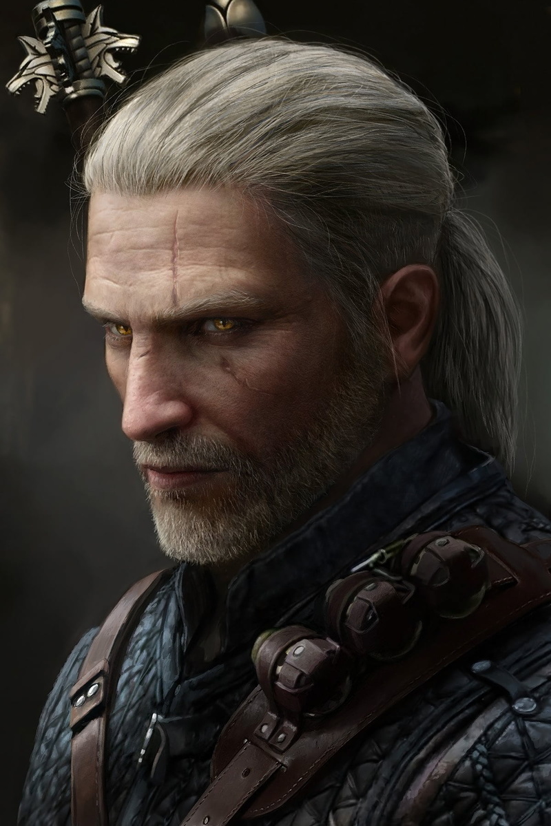 yellow eyes, warrior, long hair, scars, beard, men, armor, drawing, portrait, Geralt of Rivia, The Witcher, 720P, ponytail, silver hair, looking away