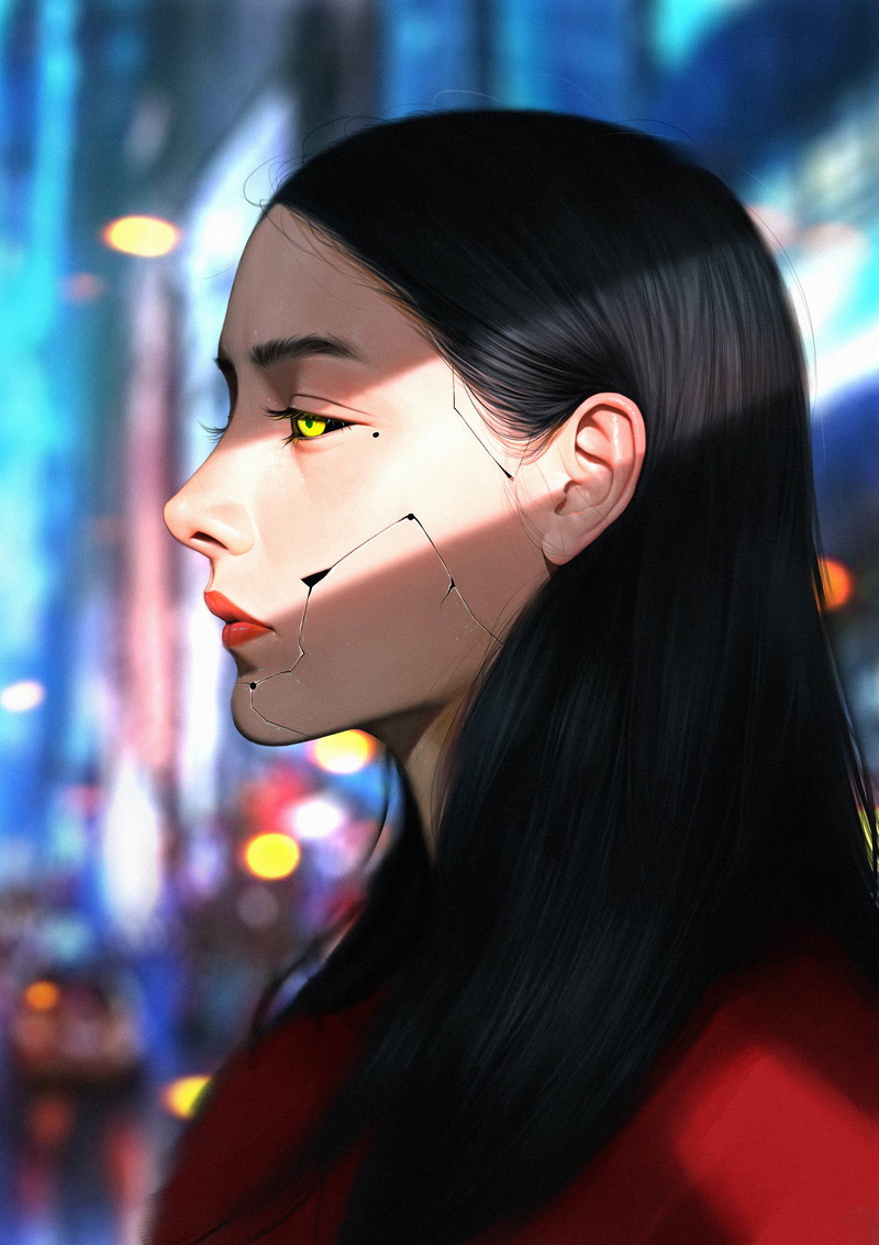 black hair, women, city lights, cyberpunk, yellow eyes, cyborg, Cyberpunk 2077, 2K, long hair, city, digital art, portrait display, artwork, vertical