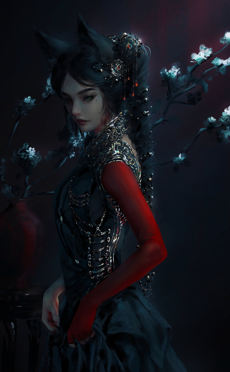video game characters, Ahri, Ahri (League of Legends), digital art, digital painting, green eyes, cat ears, women, video games, young woman, dark hair