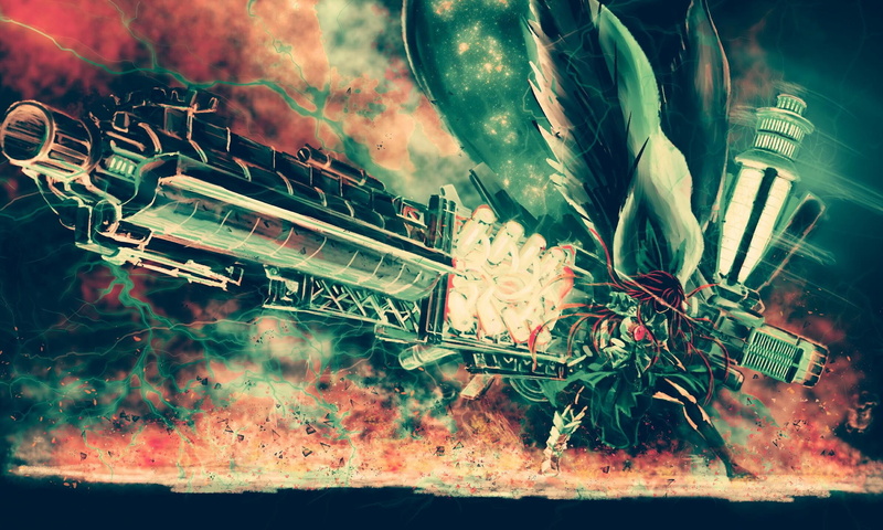 Reiuji Utsuho, weapon, redhead, text, green color, gun, long hair, plant part, cannons, auto post production filter, anime girls, 1080P, no people, container