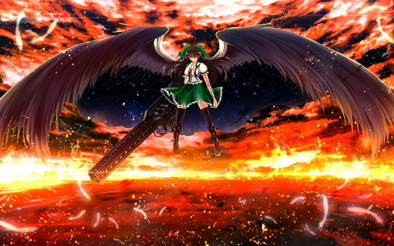 fire - natural phenomenon, plant, event, Touhou, wings, bangs, fire, hair ornament, long hair, weapon, thigh-highs, night, video games, orange color, water