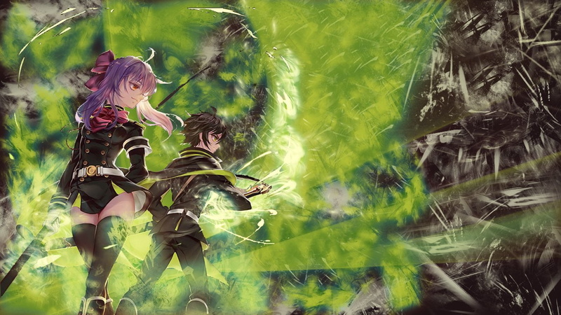Shinoa Hīragi, Anime, Scythe, Skirt, Smile, Sword, Cape, bow (Clothing), Seraph of the End, Girl, 720P, Thigh Highs, Belt, Purple Hair, Weapon, Boy, Boots