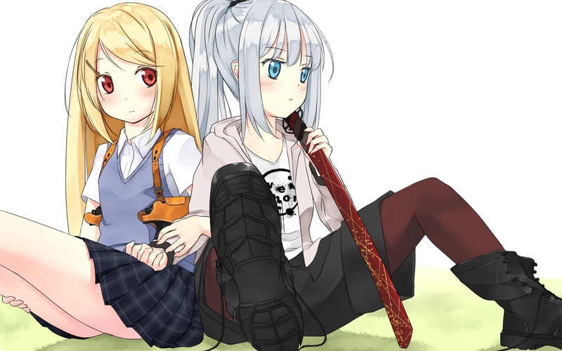 Blonde, Sword, 1080P, Weapon, Original, Blue Eyes, Thigh Highs, Ponytail, White Hair, Long Hair, School Uniform, Blush, Red Eyes, Skirt, Anime, Girl, Shorts