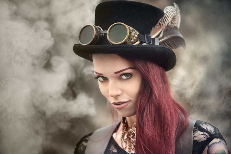 steampunk, depth of field, 500px, model, women, green eyes, cosplay, 1080P, pink hair, hat, looking at viewer