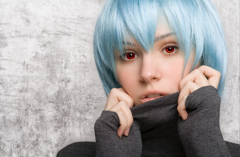 young adult, Ayanami Rei, young women, blue hair, face, bangs, cosplay, women, portrait, contemplation, human face, depression - sadness, indoors, one person