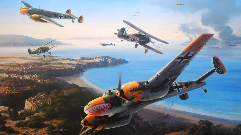 art, gladiator mk2, water, war, air force, Siege of Malta, fighter, outdoors, drawing, 1080P, sky, grey, painting, flying, brown, mountain, transportation