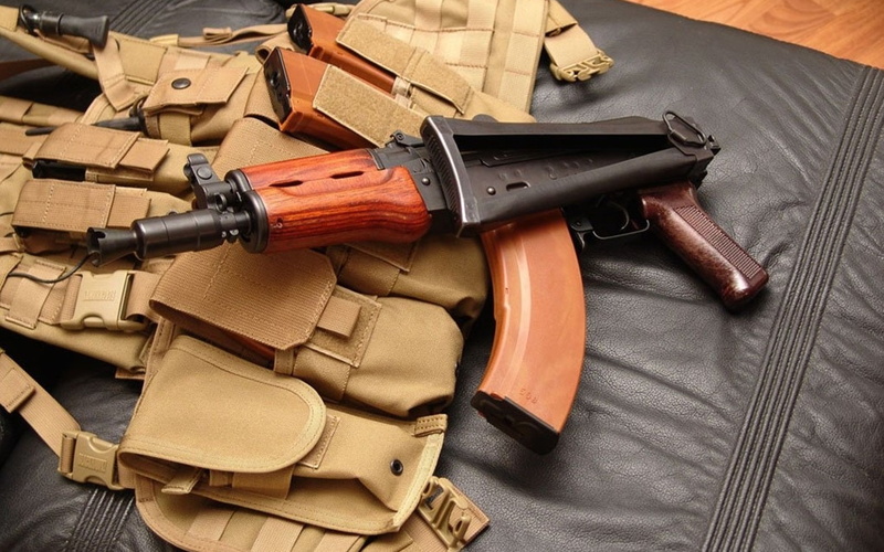 gun, metal, rifle, day, automatic, 1080P, Kalashnikov, communication, black, machine, brown, high angle view, weapons, handgun, AKS74U, machinery, bullet