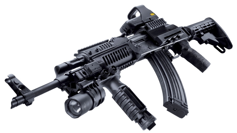 Kit, Weapons, aiming, Underbarrel flashlight, cut out, Tuning, studio Shot, shooting A Weapon, communication, black, close-up, white Background, Kalashnikov Modernized