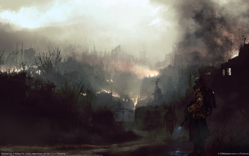 1080P, artwork, apocalyptic, ruin, gas masks, cityscape, futuristic