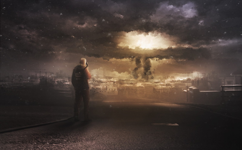 nature, silhouette, young adult, smoke - physical structure, digital art, real people, apocalyptic, one person, outdoors, cityscape, painting, standing