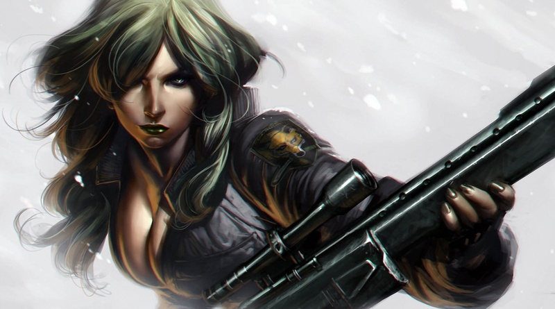 fantasy art, hairstyle, leisure activity, real people, Metal Gear Solid , front view, young adult, rifle, women, Metal Gear, headshot, illustration, gun